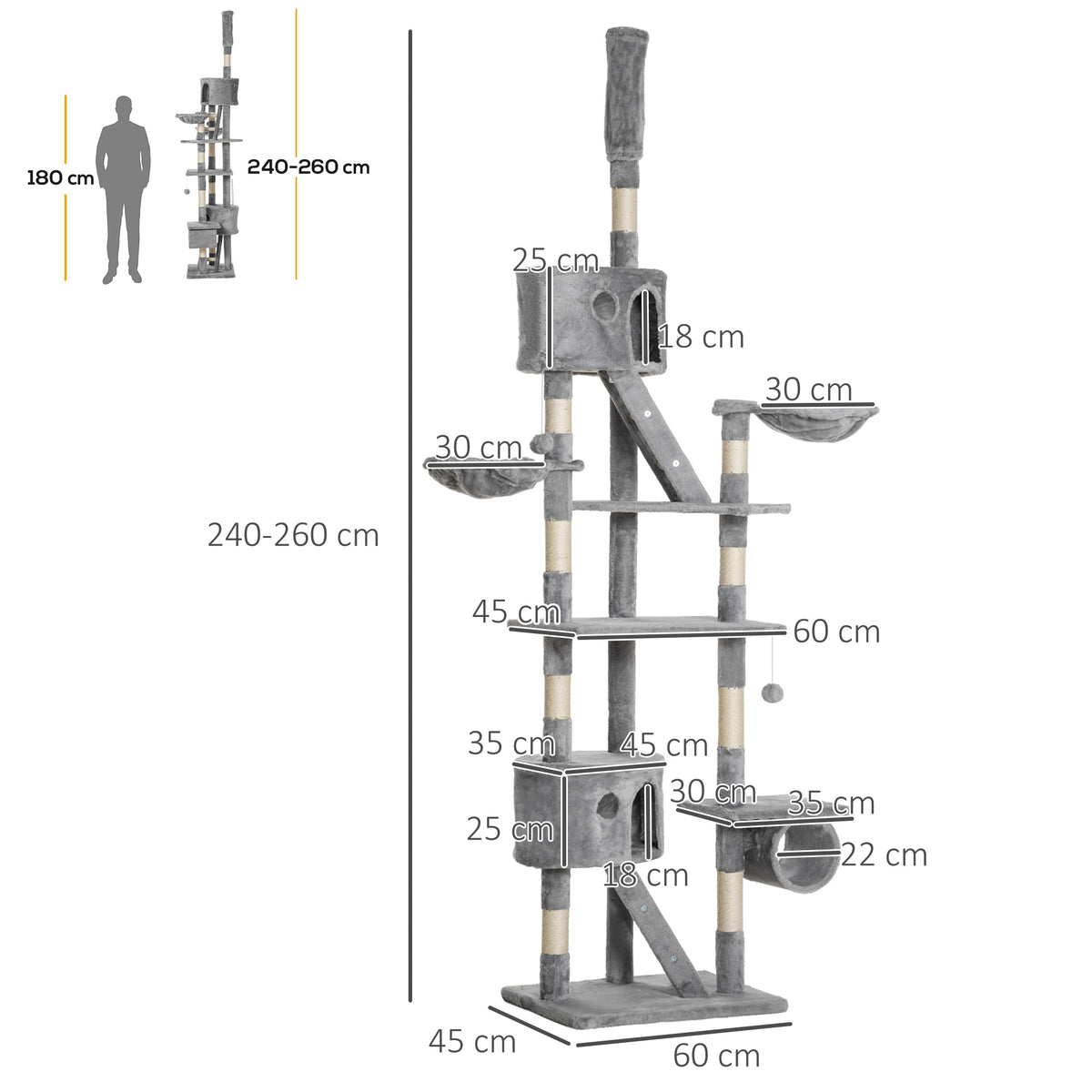 Katzenkratzbaum 240-260 Cm Deckenhoch Kratzbaum Groß Kletterbaum Katze Kratzbaum Für Große Katzen Mit Sisalseil Hellgrau - HIMMLICH.DE  Kratzbaum